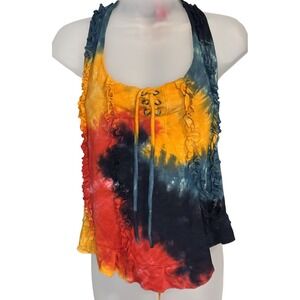Cali Kind Womens L Halter‎ Tie Dyed Lace up Top Multicolored Sleeveless Hippe
